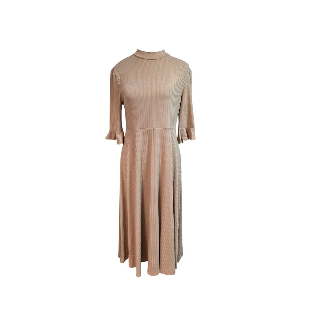 Ribbed Mock Neck Midi Dress Fit &‎ Flare Ruffle Sleeve Tan Knit Modest L